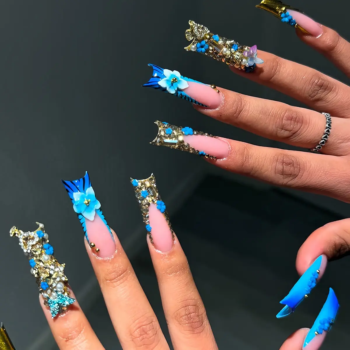 nails to go with royal blue dress Powder Blue Floral Charm Cotton Flex Dress main image 0