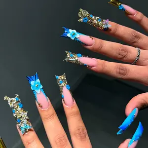 24 Pcs 3D Luxury Long Coffin Nails, Handmade 3D Flower Full Rhinestone Design, Blue Gradient, Glossy False Nails, Reusable, Free Jelly Glue & Nail File