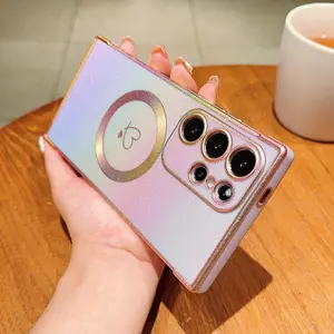 Silk Color Magnetic Dual Heart Design Protective Phone Case for Samsung Galaxy S25 S24 S23 S22 S20 Fe S21 Ultra, Gold Plated, Shockproof Camera Protection