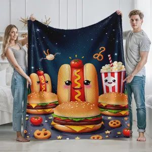 Kawaii Hot Dog and Burger Cartoon Food Print Cozy Blanket, Cozy Throw Blanket for Home Use Perfect Gift for Food Lovers on Christmas, Thanksgiving, and Special Occasions Ideal for Adults and Teens