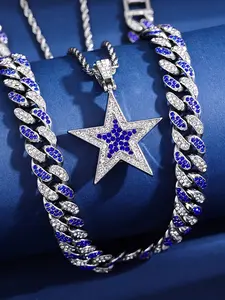 3pcs/set Colorful Five-Pointed Star Pendant Jewel Necklace Set, Cuban Chain Stacking Design, Unisex Fashion Accessory for Everyday Wear