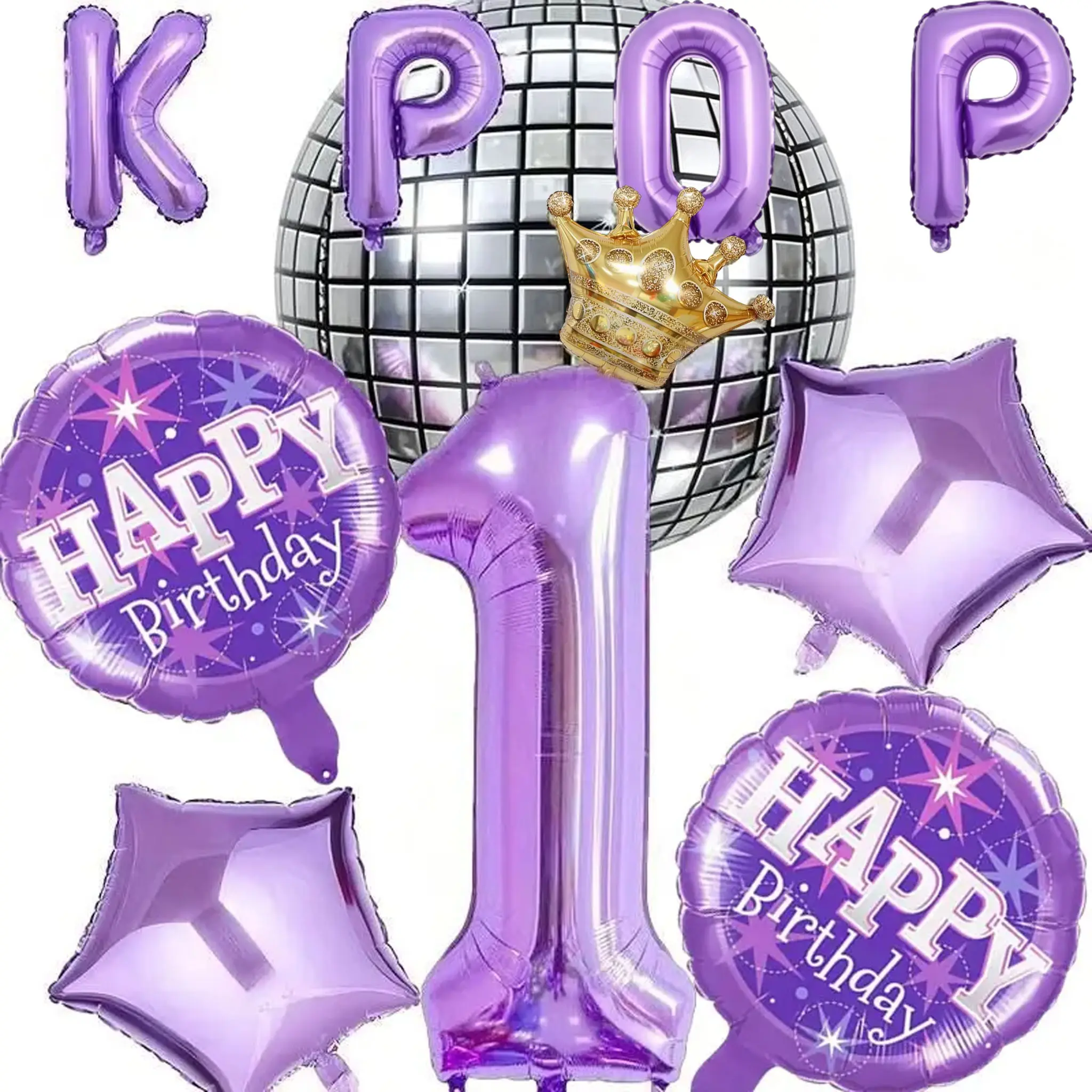 14-Piece K-Pop Birthday Balloon Set, Party Balloons Decorations, Includes Numbers, Star, Silver Disco Ball, Mini Crown, Cake Ball, Perfect for Parties and Events