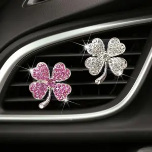 2pcs of Diamond-Studded Lucky Four-Leaf Clovers, Unscented Source, Car Fragrance Diffuser Clip Decoration That Allows You to Add Your Favorite Scent, Comes with Odorless Pads for Reusable Fragrance, Without Battery