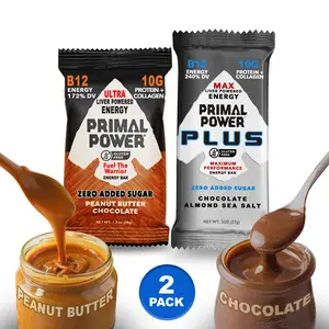 Primal Power Liver Nutrition Bar Sample Pack - 2 Bars: 1 Peanut Butter & 1 Chocolate Almond Sea Salt PLUS, 10g Protein, Grass-Fed Liver, Collagen, Vitamin B12 Energy, No Added Sugar - Snack