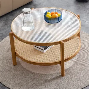 Summervibes Modern Simple Circular Double-Layer Solid Wood Tea Table with Rattan Woven Details, Chinese Style Design, Horizontal Striped Glass Top, Rounded Edges, Easy Assembly, 34.64"x31.5"x17.71" Indoor Side Table for Living Room Dining Room Home Decor