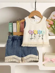 Boho Style Baby Girl 2-Piece Set, Floral Fringe Vest and Denim Shorts, Casual Summer, Trendy Kids Fashion