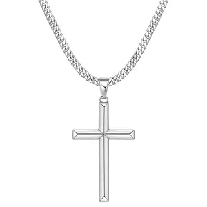 PeregrinaX Beveled Edge Cross Necklace for Men and Women, Silver Tone/Black/Gold Plated Mens Cross Necklace, 3.5mm Stainless Steel Unisex Cuban Chain Necklace 16-26 Inches
