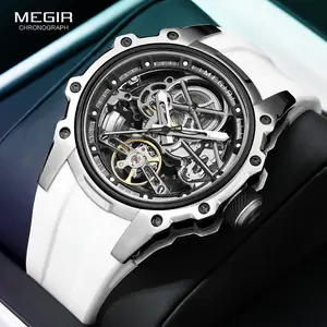 MEGIR Men's Stainless Steel Automatic Mechanical Watch - Sporty Skeleton Dial with Chronograph, White Silicone Strap, and Black Accents, MEGIR