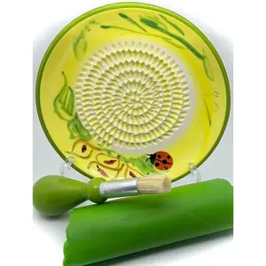 -in-  Ceramic Garlic Grater Plate 4- Set - Ladybug Design, Classic Style - For Garlic, Ginger, , and ! - Comes with 5.25" Plate, Peeler, Brush, and Stand