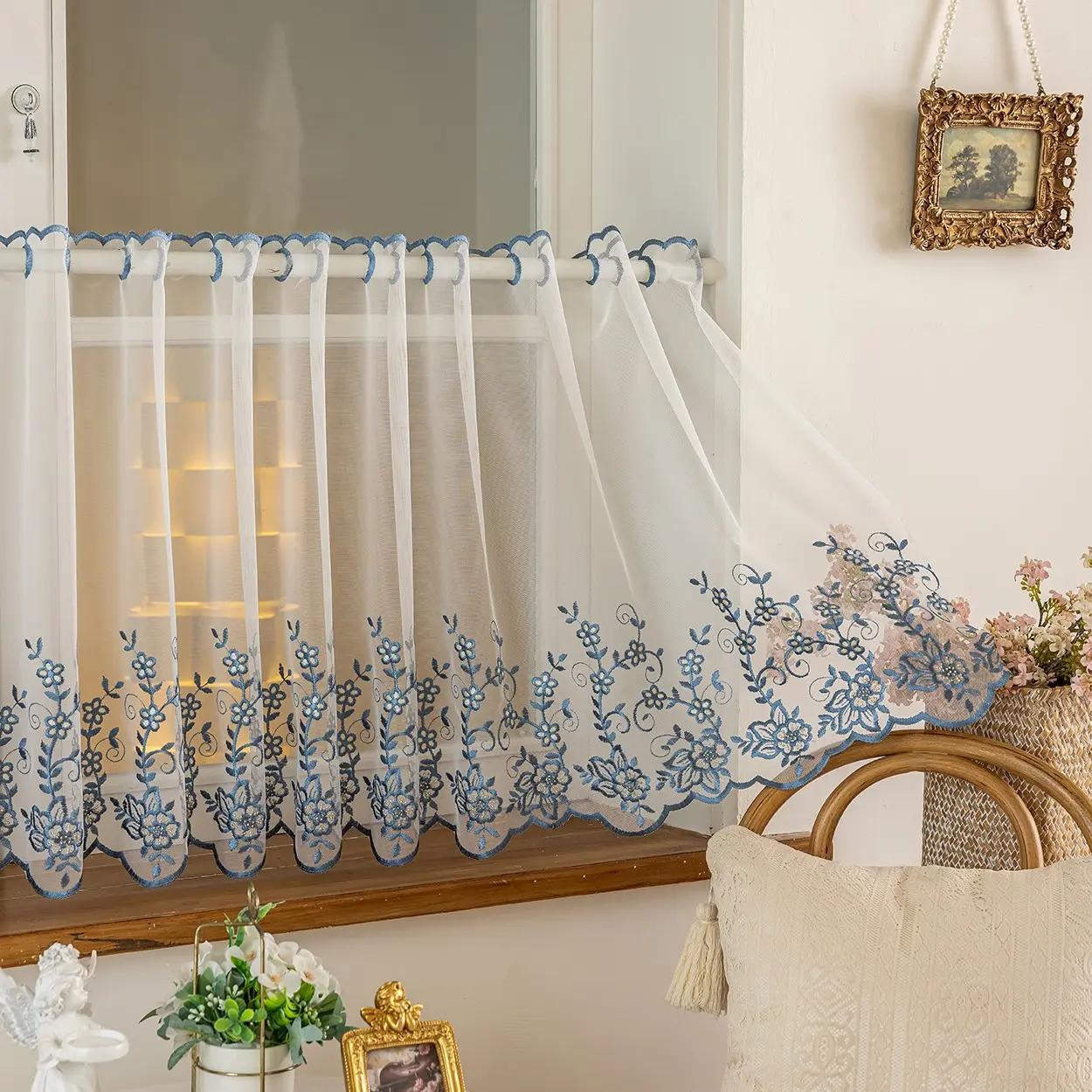 Elegant Embroidered Floral Beaded Transparent Curtain, Rod Pocket Design, Ideal for Living Room, Bedroom, Balcony, Kitchen, Window Decor
