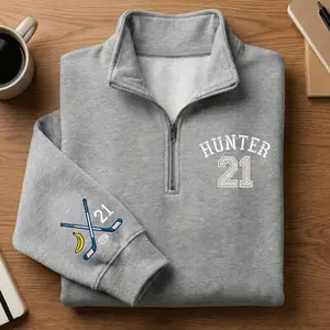 Team Hunter 21 Embroidered Quarter-Zip Sweatshirt, Hockey Romance Fan Gift, Heated Rivalry Inspired, Scott Hunter Shirt