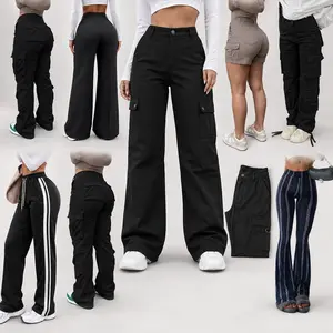 [Cargo Pants Collection]Women's High Waist Cargo Pants, Black Wide Leg Multi Pocket Trousers for Casual Streetwear Daily Wear Fitted Crop Crop