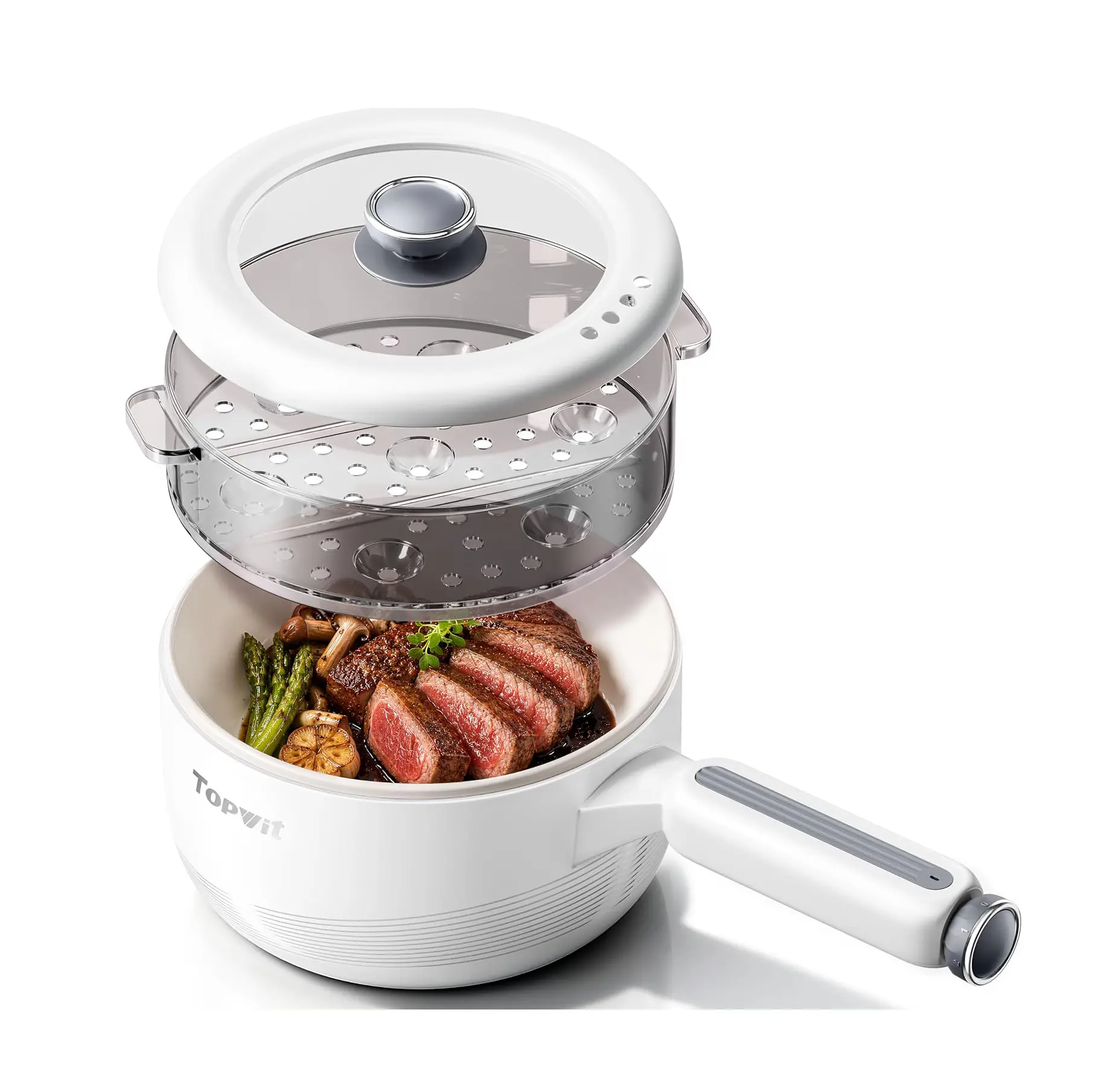 TOPWIT 2L Hot Pot Electric with Steamer, Ceramic Non-Stick Ramen Cooker.Multifunctional Electric Pot for Steak, Pasta, Hot Pot, Ramen, Dual Power, Portable for Dorm, Camping, RV, White.,techvibes
