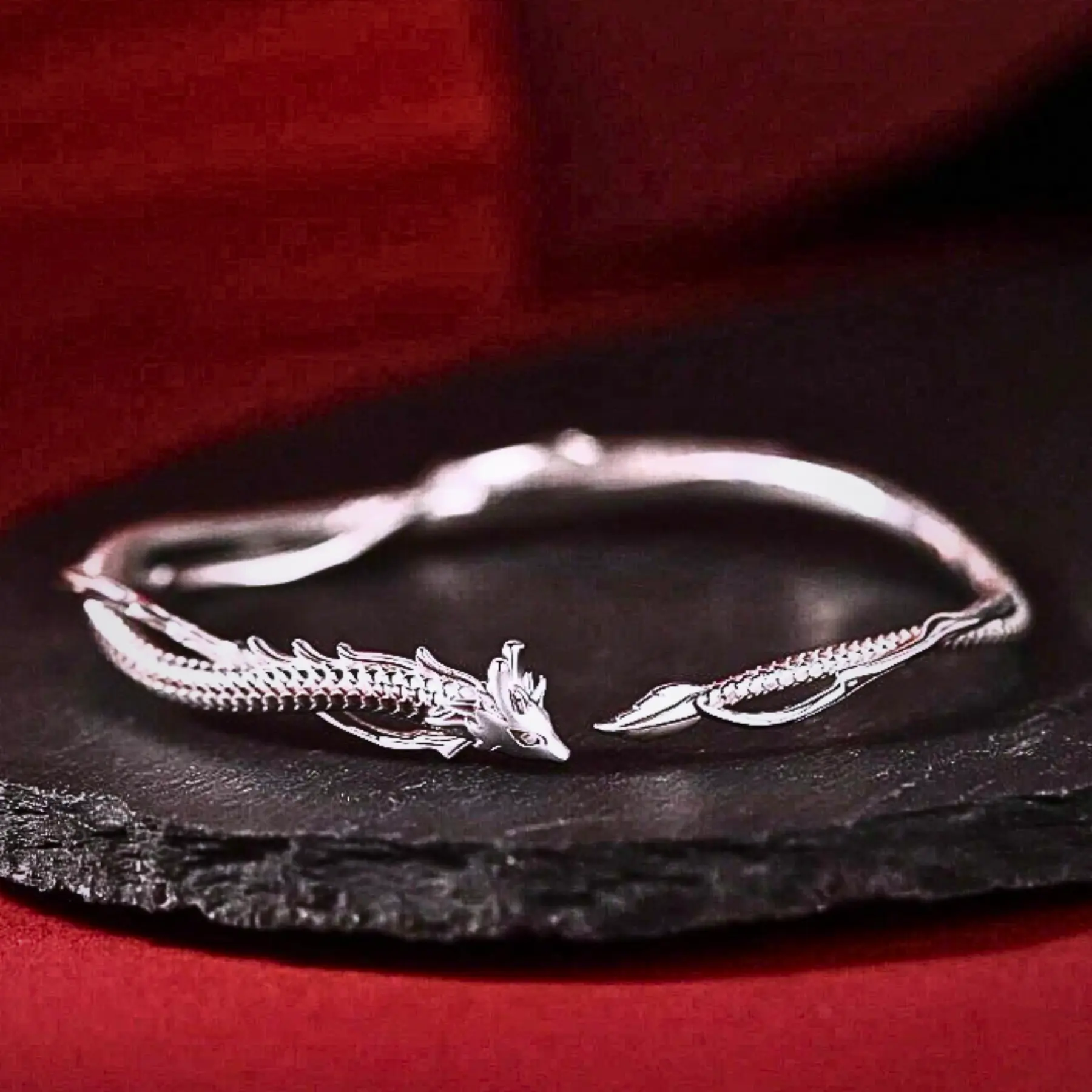 Luxury Dragon Bangle Bracelet, Vintage Adjustable Open Cuff For Daily Wear & Parties