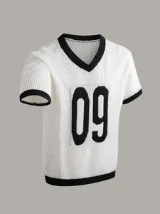 Retro Soccer Knitted Jersey for Men, Color Block V Neck Short Sleeve Shirt with 09 Graphic, Breathable Mesh Fabric, Sports Top, Sporty College Style Top