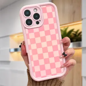 Pink Checkered Phone Case for iPhone 17 Air 16 Pro Max 15 Plus 14 13 12 11 XS X Full Body Protection Shockproof Soft Silicone Cover Smartphone Cellphone