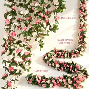 Pink and white artificial rose hanging vine garland, bendable trailing fake rose flower string, realistic faux floral vines for wall, pipe cover, wedding arch, balcony, indoor/outdoor home aesthetic decoration