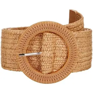 Straw Woven stretchy Waist Belt for Women Dresses,Wide Boho Braided Elastic Belt with Round Buckle
