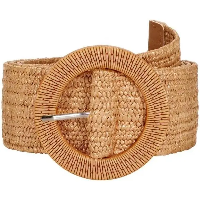 Women's Boho Straw Woven Wide Braided Belt - 1.77 Inches Wide, Adjustable Elastic Waist Band with Round Buckle, Soft Edged, Rollable Portable for Boho Style Outfits, Adjustable Elastic Belt, Can Be Rolled And Portable, Woven Texture, Everyday Wear, Boho S