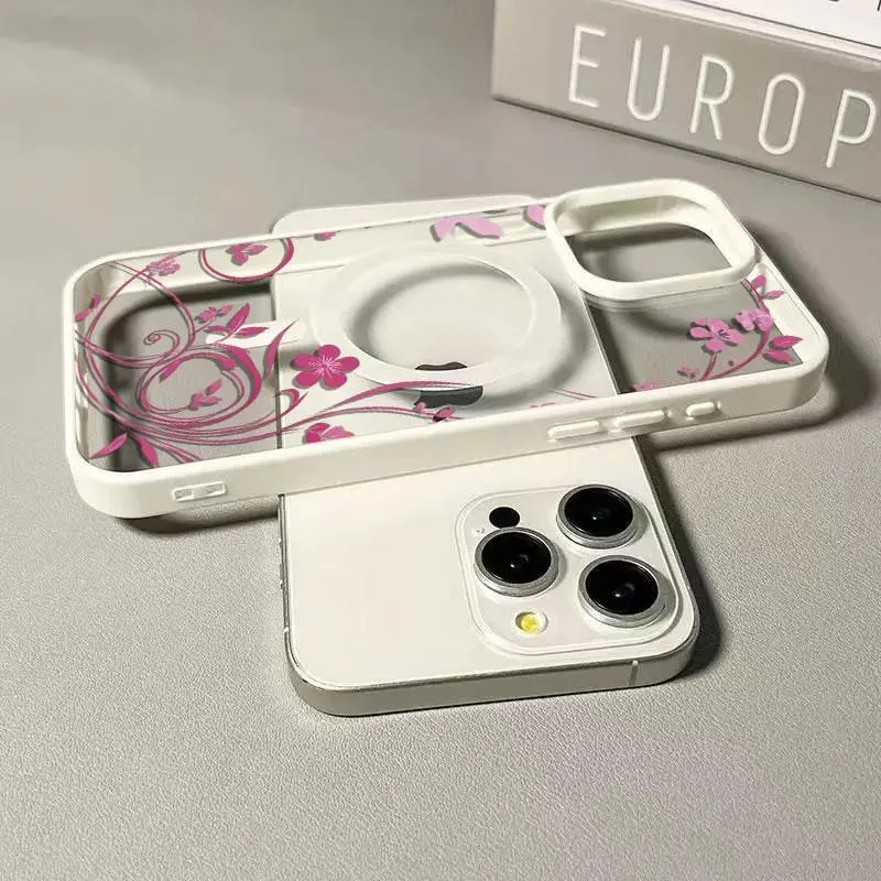 Pink Small Floral Vine Shockproof Cellphone Case with Camera Guard, No Extra Accessories Needed, Protection for iPhone 5/6/XR/X/14 Pro/15/16 Pro Max Devices
