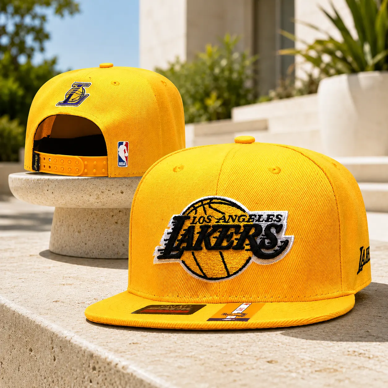 New Era Los Angeles Lakers Flat Brim Cap Multi-Color Variant Selection | Structured Basketball Fan Hats | Sunny Patio Showcase Profile