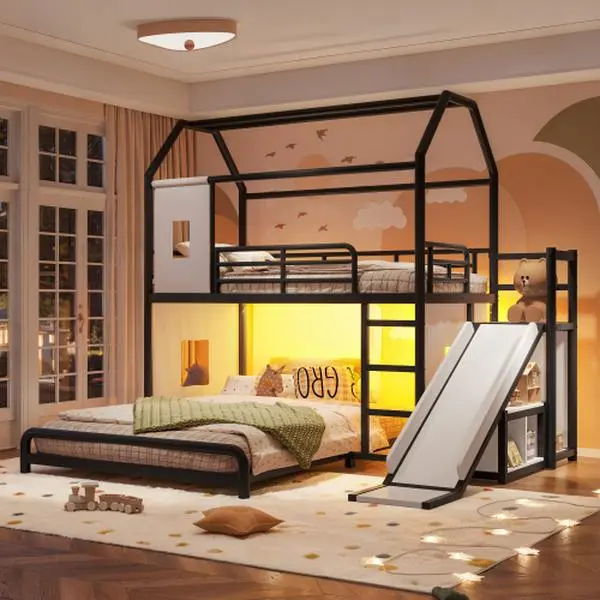 [Bellemave] Playhouse Metal Bunk Bed with Slide & Ladder, House Shaped Bunk Bed with LED Light Strip, Privacy Curtain, Movable Storage Cabinet and Hanging Rod, Twin over Full  Bunk Bed