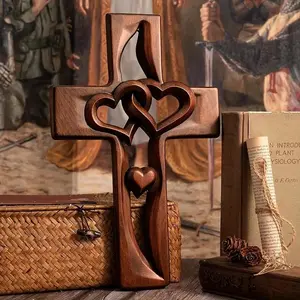 Marriage Cross for Wall Love Wall Decor, Handmade Wooden Intertwined Heart Wall Cross for Wedding Valentine Christmas Gift (Wood, 10 Inch)