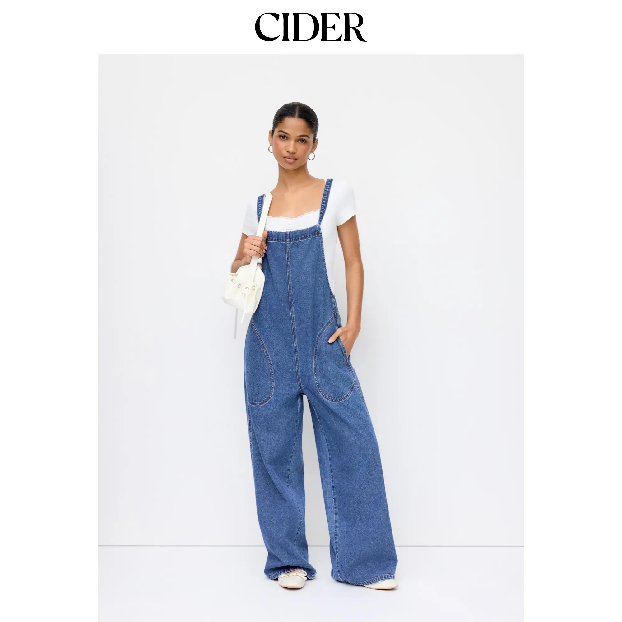 Cider Overalls for Women in Denim Fabric, Full Length Wide Leg Style with Mid Rise and Bowknot Detail, Overall Pants, Lady, Strap