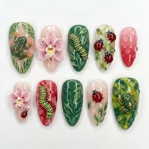 Handmade Forest Garden Press On Nails, Frog Ladybug Nails, 3D Floral & Leaf Art, Whimsical Nature Cottagecore Nail Set