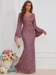 Women's V Neck Long Sleeve Sequin Bodycon Elegant Formal Wear Evening Party Maxi Dress, Stylish and Glamorous Gown for Special Occasions
