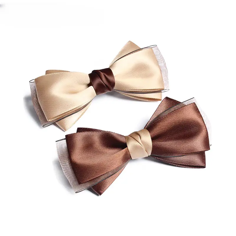 Two Tone Satin Organza Bow Hair Clips for Women, Elegant Double Layer Color Block Ribbon Barrette, Soft Neutral Coffee Beige Hair Accessory for Daily Office Wedding Bridal Gentle Girl Hairstyle