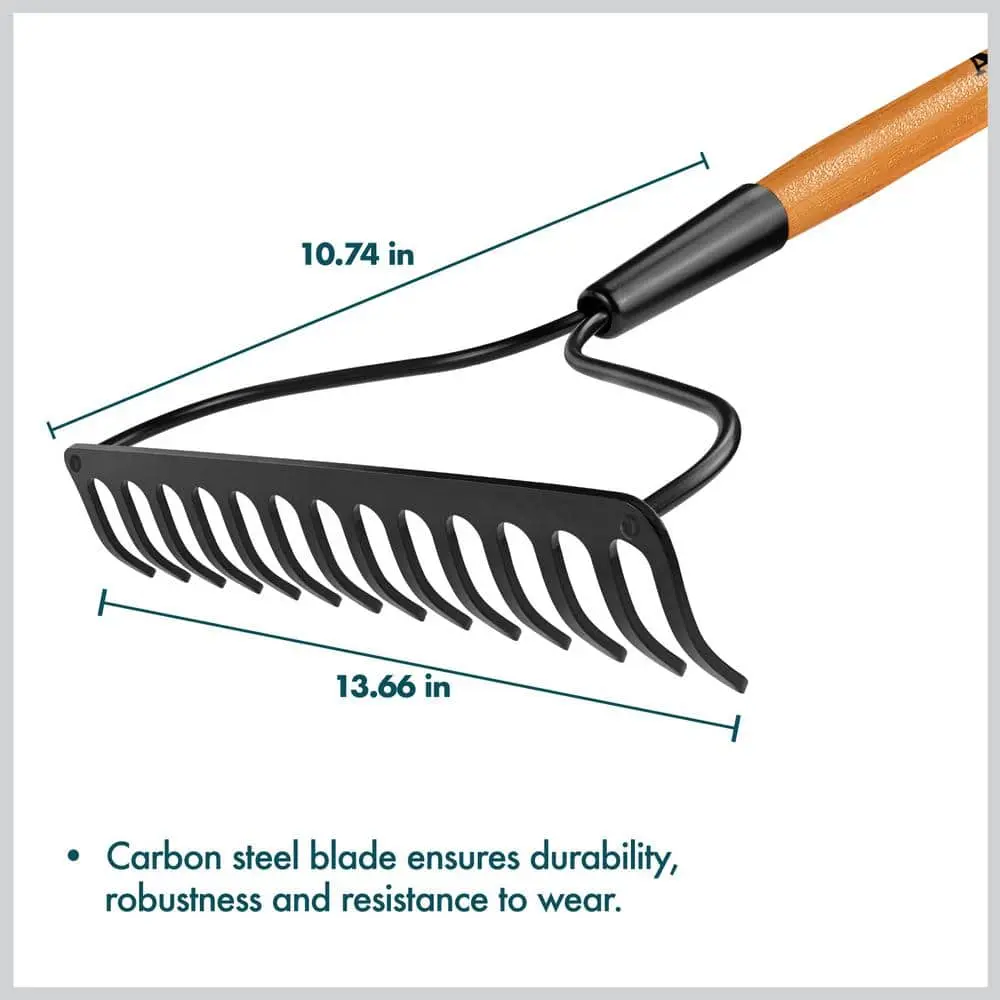 L Wood Handle 47 in. Garden Bow Rake with 14 Tines for Versatile Use in Gardens and Landscaping Durable Gardening Tool Leaf Rake Landscape Rake Lawn Garden Tools