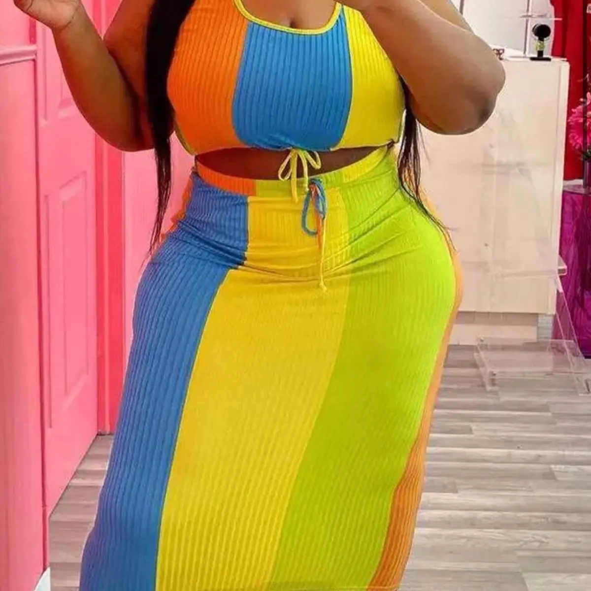Plus Size Stripped Skirt Set