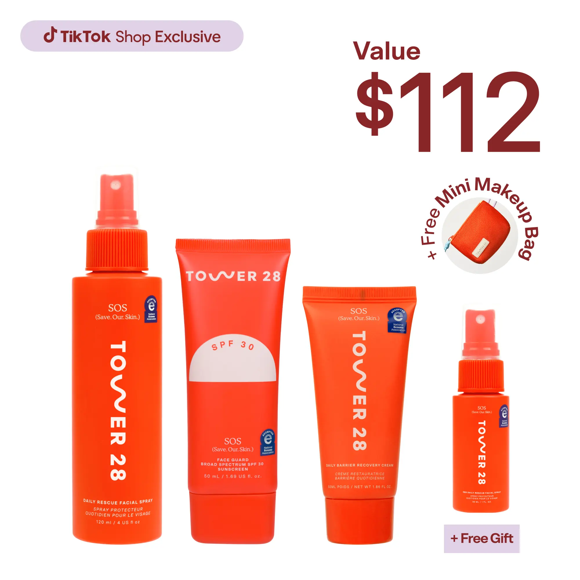 Tower 28 SOS Skincare Set: SOS Rescue Spray, Recovery Cream, Face Guard SPF 30 (+ FREE Mini SOS Rescue Spray + Makeup Bag)