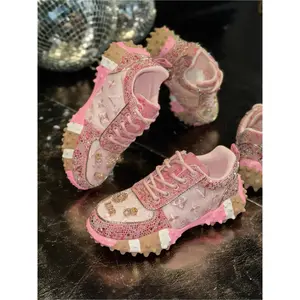 High-quality women's fashion running shoes with rhinestone decoration, featuring a soft, height-increasing sole, suitable for outdoor jogging