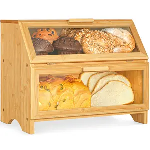 Double Layer Bread Box For Kitchen Countertop  Large Wooden Storage W/clear Display Windows Food Keeper Muffins Bagels & Cookies
