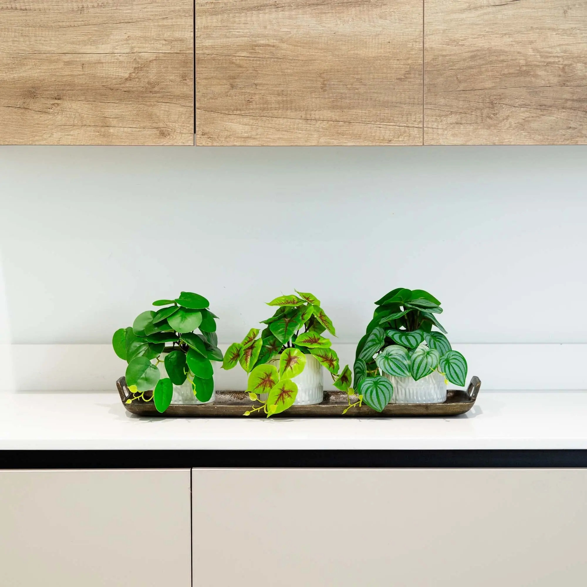 Artificial Faux Greenery 3-Piece Decorative Set - 8” Mixed Greens in Ceramic Planter, Botanical Flower Arrangement for Home Decor Supplies
