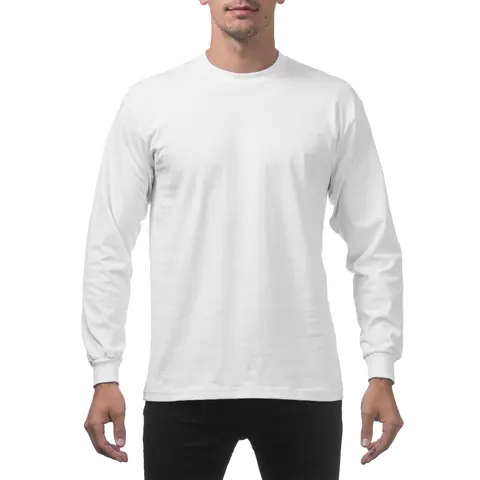 Pro Club Men's Classic Ribbed Knit Cotton Plain Tshirt - Long Sleeve Crew Neck Heavyweight Relaxed Fit Menswear Casual Top