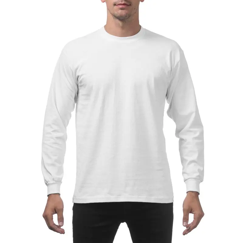 Pro Club Men's Classic Ribbed Knit Cotton Plain Tshirt - Long Sleeve Crew Neck Heavyweight Relaxed Fit Menswear Casual Top