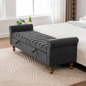 65" Storage Bench Upholstered End of Bed Bench with Channel Tufted Desgin & Rolled Armrests & Rubberwood Legs, Comfy Storage Ottoman, Modern Bench for Bedroom, Living Room, Entryway