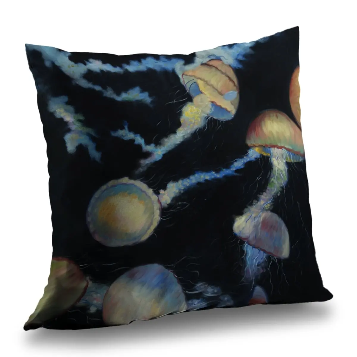 Begin Home Decor C1PT1414SQRD7B 14 x 14 in. Colorful Jellyfishes in the Dark - Sea Bedroom Throw Pillow