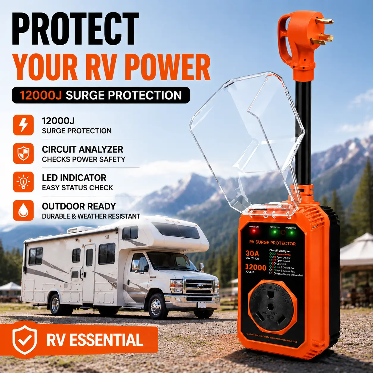 RV Surge Protector 30A/50A with Circuit Analyzer, 18000J Power Protection, Waterproof Outdoor RV Electrical Safety Device for Camper Trailer Motorhome