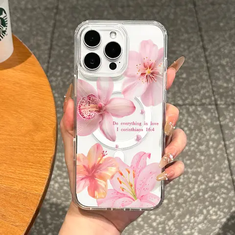 Girly Magnetic Case for iPhone11/12/13/14/15/16/promax, PINK LILY MagSafe Ready, Slim Fit, Drop-Proof | Perfect for Soft Girl Aesthetic