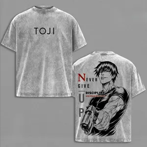 Toji Fushiguro “Never Give Up” Motivational Graphic Tee, Vintage Washed Cotton, Oversized Unisex Fit, Jujutsu Kaisen-Inspired Streetwear Shirt