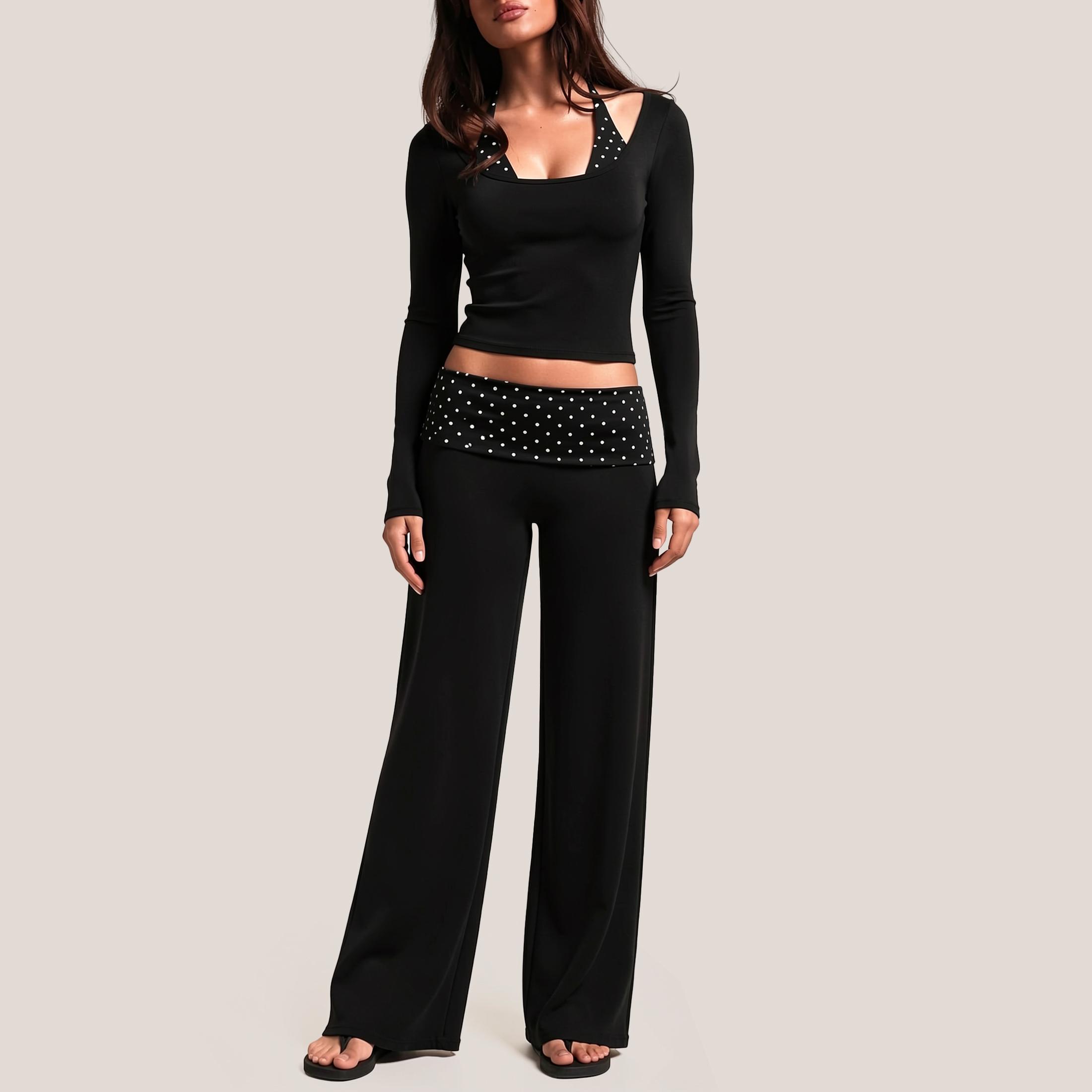 GIAFIRE Women’s Autumn 2-Piece Yoga Sportswear Set - U-neck Paneled Halter Long-Sleeve Top, High-Waisted Wide-Leg Slight Flare Pants, Highly Elastic Soft Breathable Quick-Drying Activewear for Pilates, Outdoor Sport