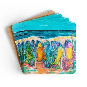 4pc Thin Square Printed Tableware Corkwood Coasters - Drunk Mermaids on Vacation Design, Cute Beachy Drink Coasters for Coffee
