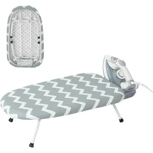 Compact Foldable Tabletop Mini Ironing Board with Thick Steel Tube Heat Resistant Cover and Iron Rest for Dorm Apartment Travel Blue-White Wave