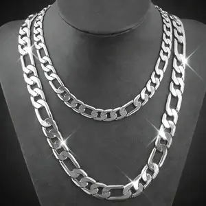 Men's Stainless Steel Figaro Chain Necklace Set, 12MM Polished Silver Tone Cuban Link Curb Chain Necklaces, Hip Hop Rapper Style Chunky Thick Chain Jewelry,925 Silver  Plated Stylish ,For Men Women Daily Wear, Valentine's Day Birthday Gift