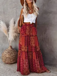 Bohemian Style Loose High-Waisted Long Skirt with Elegant Color Block Print and Ruffle Hem Midi Dress Womenswear Bottom