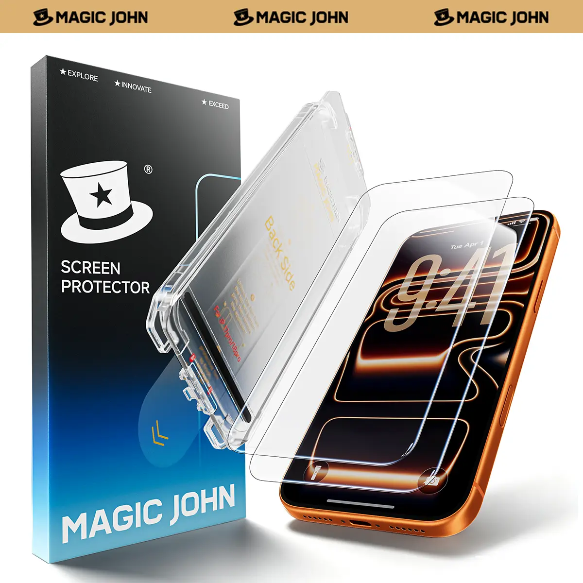 MAGIC JOHN MagicView Screen Protector for iPhone 17/16/15 Series, 2-Pack, No Black Border 0.33mm Tempered Glass, Auto Dust Removal Easy Installation, HD Clear or 28° Privacy, Case-Friendly